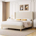 DobleePy Full Size Beige Upholstered Bed Frame, Corduroy Platform with Wingback Headboard, Wood Slats, No Box Spring Needed