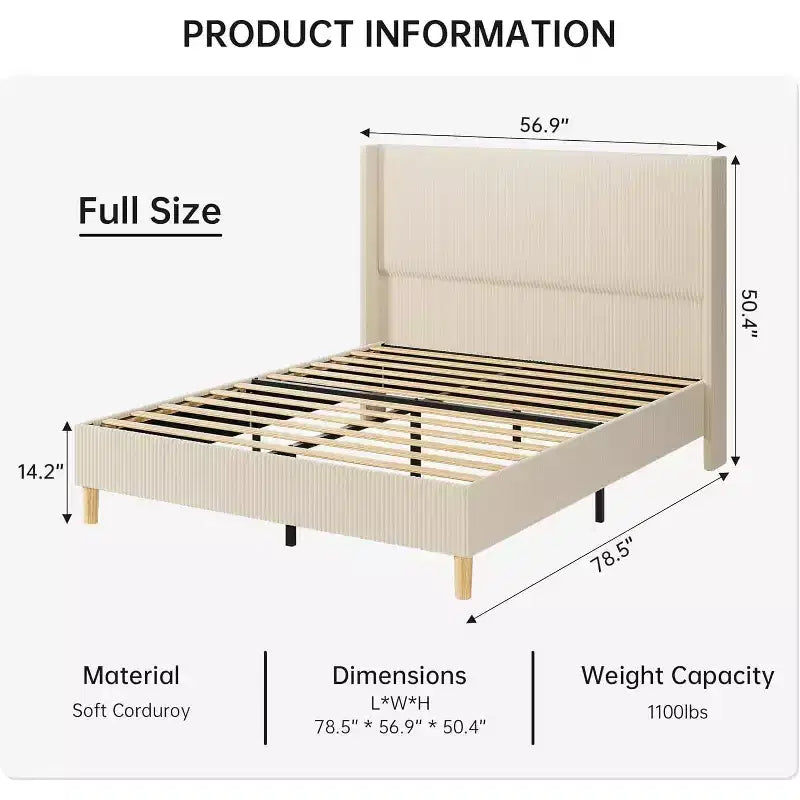 Telaio letto a piattaforma imbottito in velluto a coste beige matrimoniale, testiera con alette, per 2