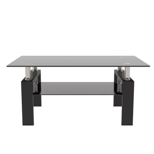 Modern Glass Coffee Table with Double Layer Storage Space and Metal Tube Legs for Living Room or Office