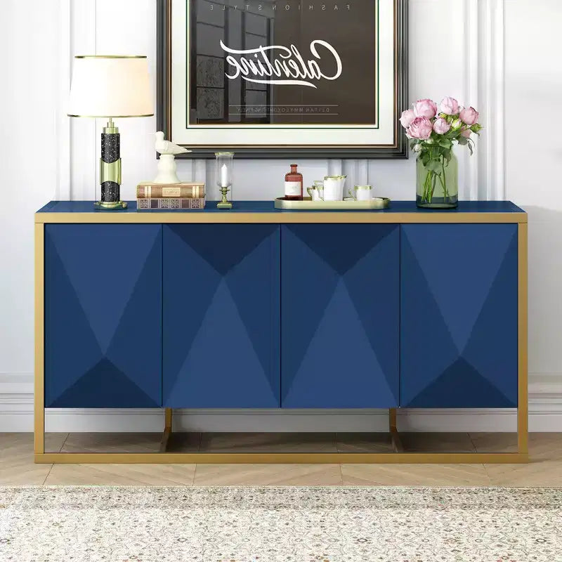 Madia moderna con ante a chiusura ammortizzata e gambe in metallo – Nero / Blu Navy / Naturale, 3 stili, 4 posti
