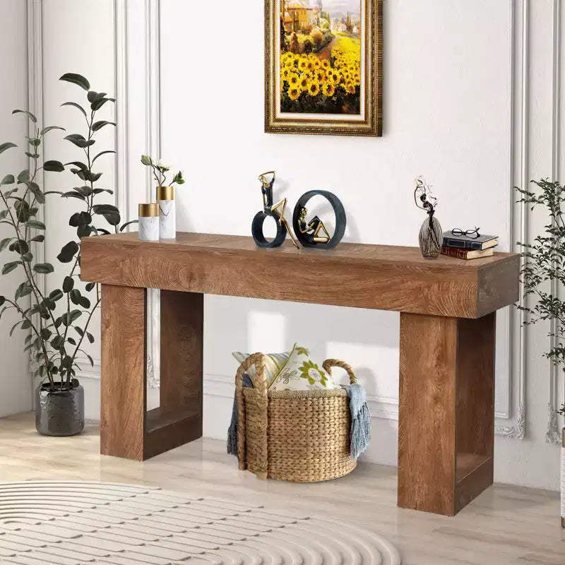 Tavolo consolle in legno rustico marrone, 160 cm, tavolo da divano stretto per ingresso con ripiano portaoggetti