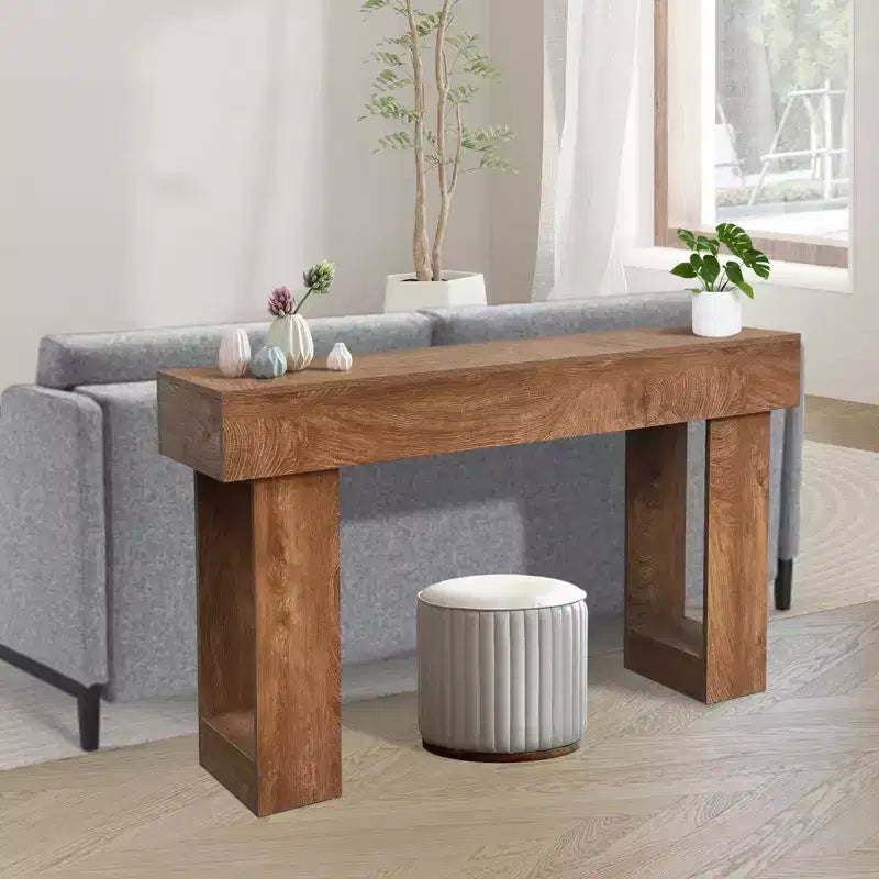 Tavolo consolle in legno rustico marrone, 160 cm, tavolo da divano stretto per ingresso con ripiano portaoggetti
