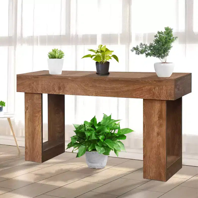 Tavolo consolle in legno rustico marrone, 160 cm, tavolo da divano stretto per ingresso con ripiano portaoggetti