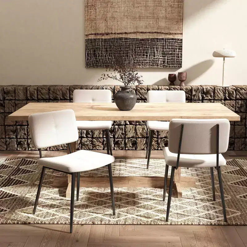 Sedie da pranzo imbottite in tessuto beige, set da 4, senza braccioli, gambe in metallo nero