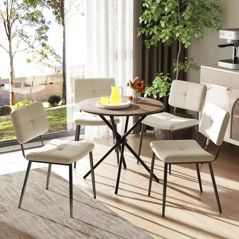 Sedie da pranzo imbottite in tessuto beige, set da 4, senza braccioli, gambe in metallo nero