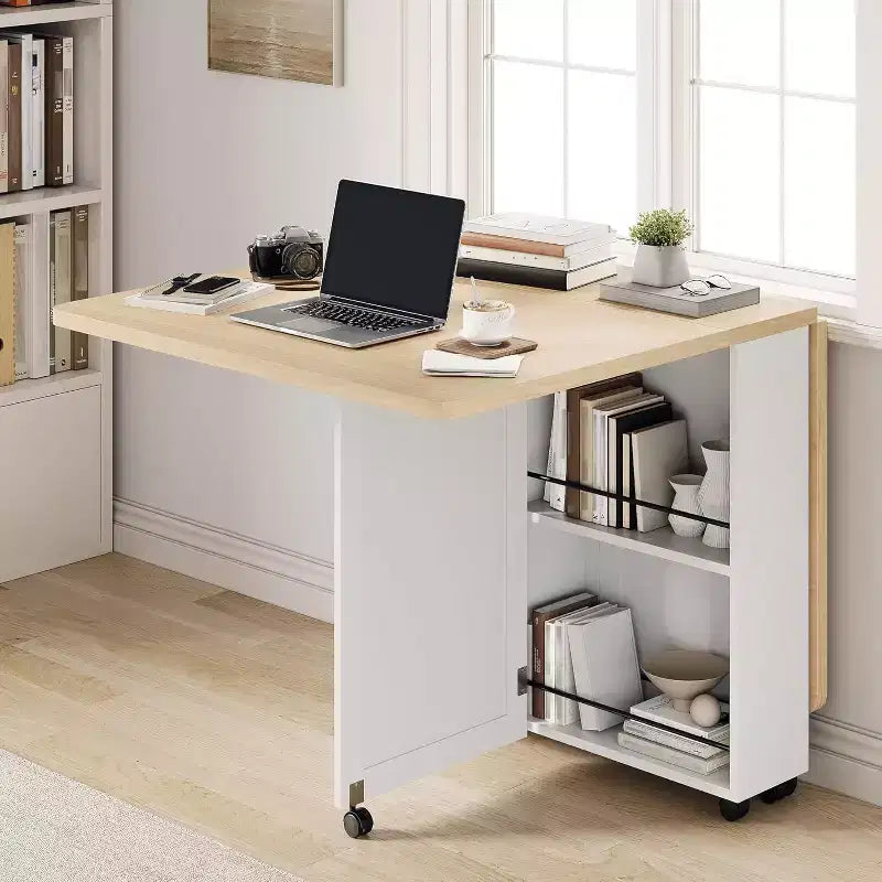 Tavolo da pranzo pieghevole con contenitore, noce / bianco+legno, 4 posti
