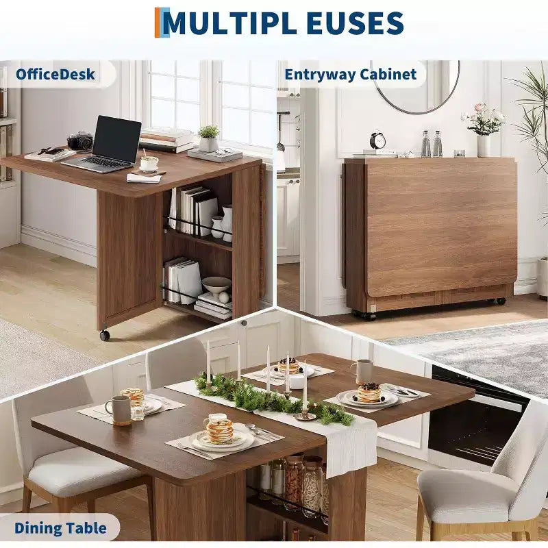 Tavolo da pranzo pieghevole con contenitore, noce / bianco+legno, 4 posti