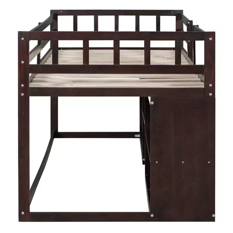 Letto a soppalco basso per una persona con scrivania, mensole e lavagna – Espresso / Grigio / Bianco