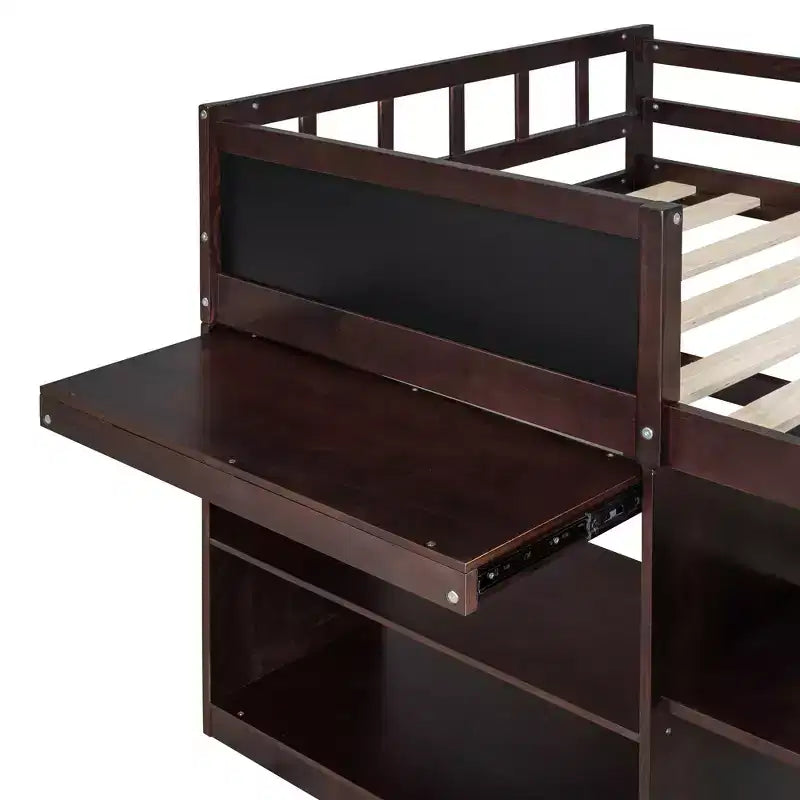 Letto a soppalco basso per una persona con scrivania, mensole e lavagna – Espresso / Grigio / Bianco