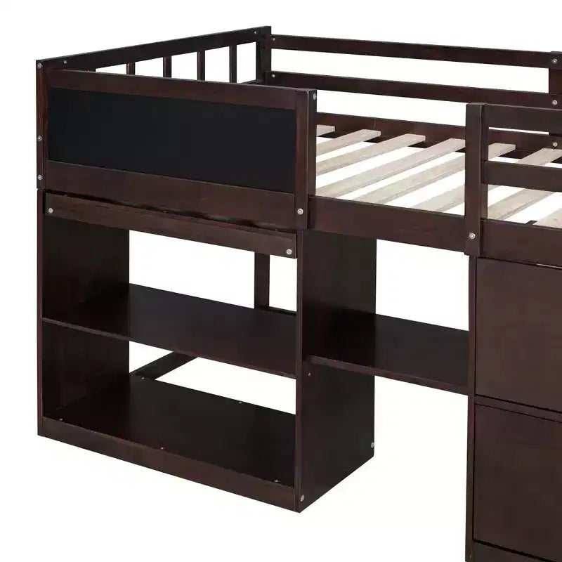 Letto a soppalco basso per una persona con scrivania, mensole e lavagna – Espresso / Grigio / Bianco