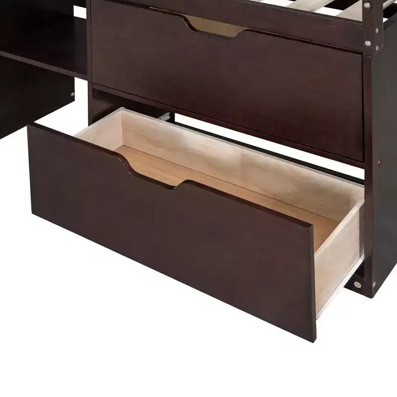 Letto a soppalco basso per una persona con scrivania, mensole e lavagna – Espresso / Grigio / Bianco