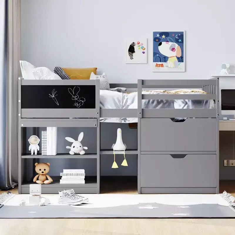Letto a soppalco basso per una persona con scrivania, mensole e lavagna – Espresso / Grigio / Bianco