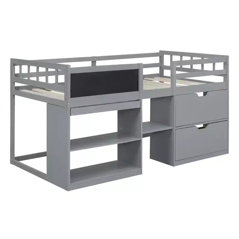 Letto a soppalco basso per una persona con scrivania, mensole e lavagna – Espresso / Grigio / Bianco