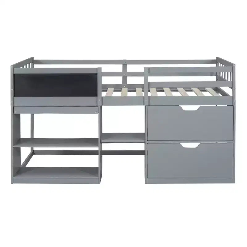 Letto a soppalco basso per una persona con scrivania, mensole e lavagna – Espresso / Grigio / Bianco
