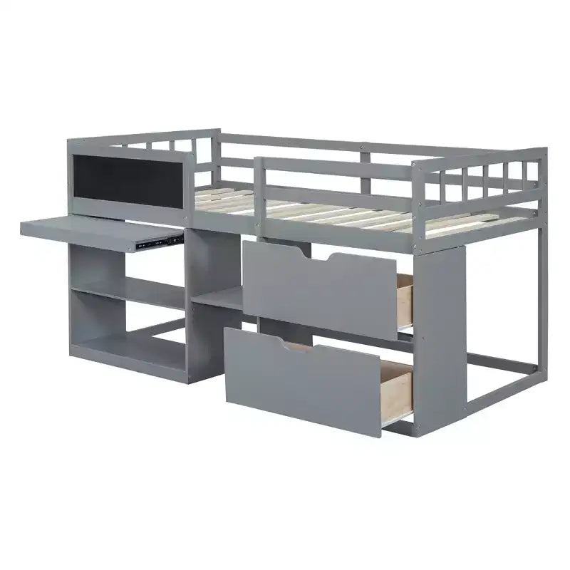 Letto a soppalco basso per una persona con scrivania, mensole e lavagna – Espresso / Grigio / Bianco