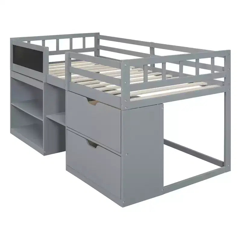 Letto a soppalco basso per una persona con scrivania, mensole e lavagna – Espresso / Grigio / Bianco