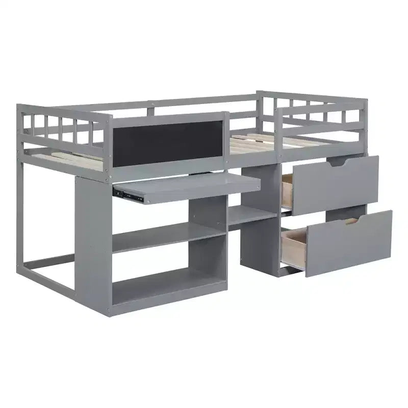 Letto a soppalco basso per una persona con scrivania, mensole e lavagna – Espresso / Grigio / Bianco