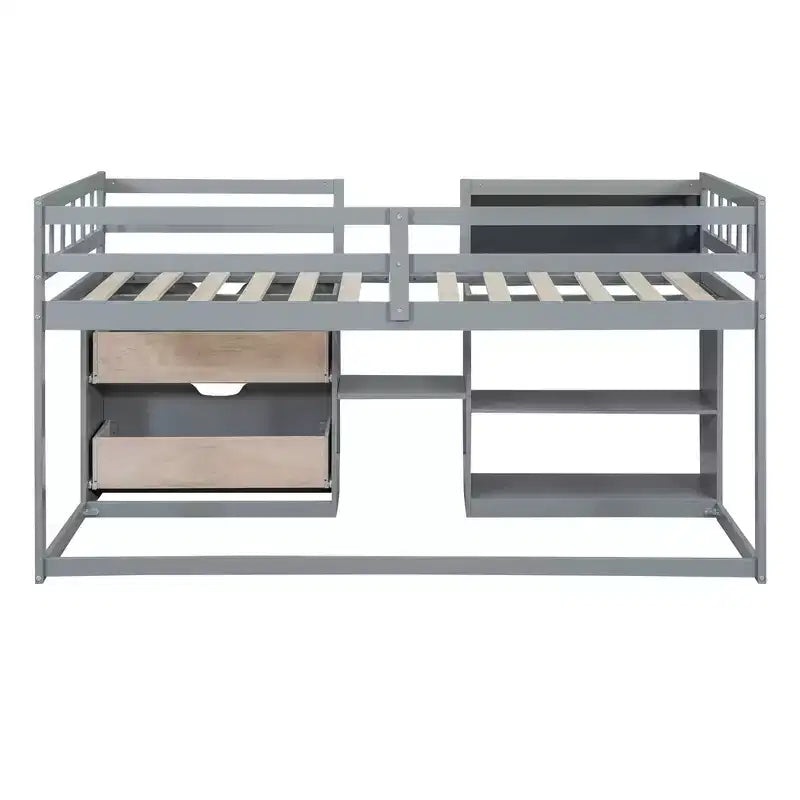 Letto a soppalco basso per una persona con scrivania, mensole e lavagna – Espresso / Grigio / Bianco