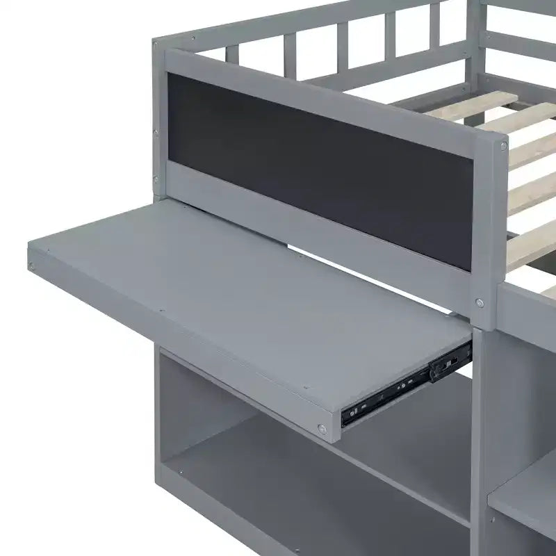 Letto a soppalco basso per una persona con scrivania, mensole e lavagna – Espresso / Grigio / Bianco