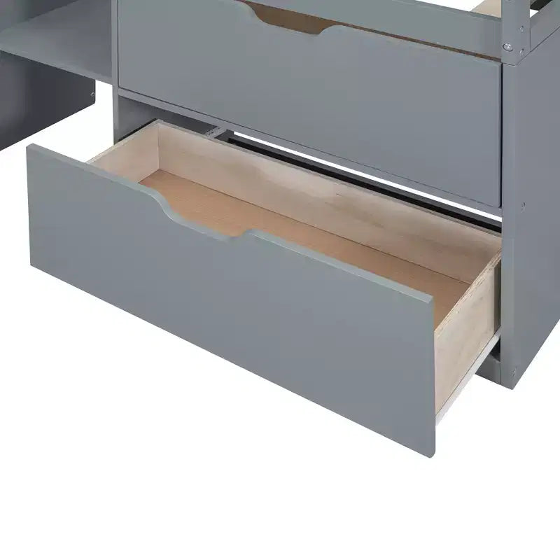 Letto a soppalco basso per una persona con scrivania, mensole e lavagna – Espresso / Grigio / Bianco
