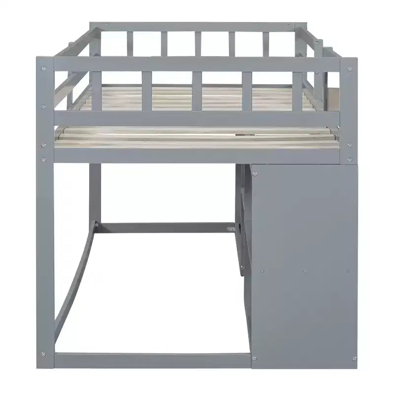 Letto a soppalco basso per una persona con scrivania, mensole e lavagna – Espresso / Grigio / Bianco