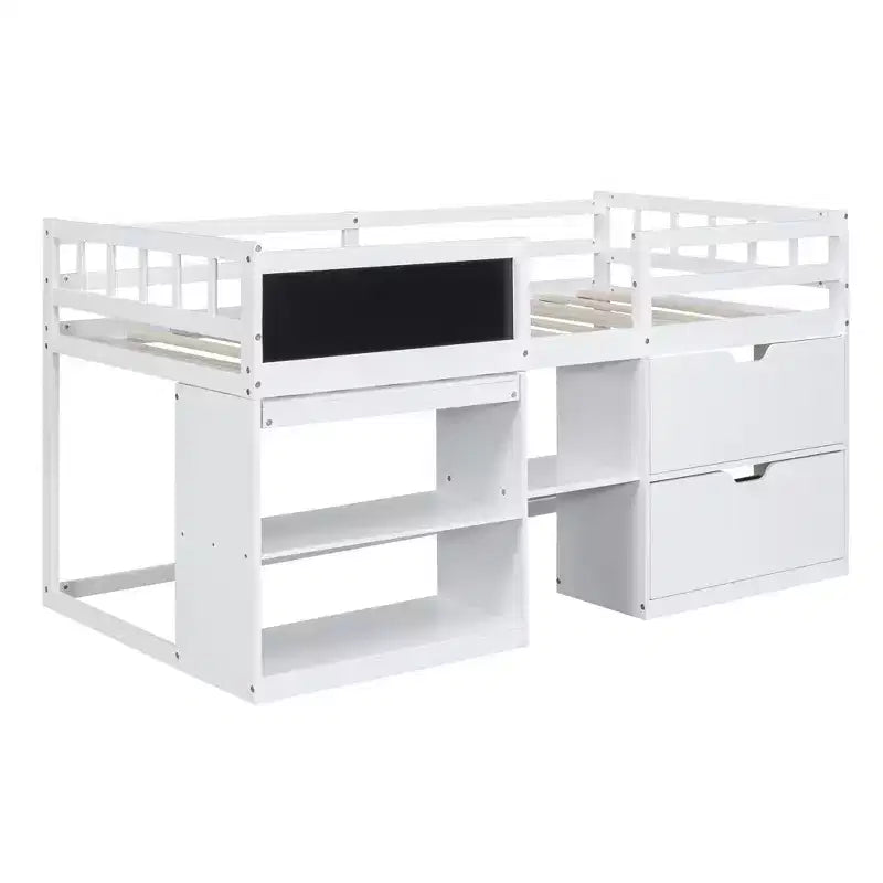 Letto a soppalco basso per una persona con scrivania, mensole e lavagna – Espresso / Grigio / Bianco