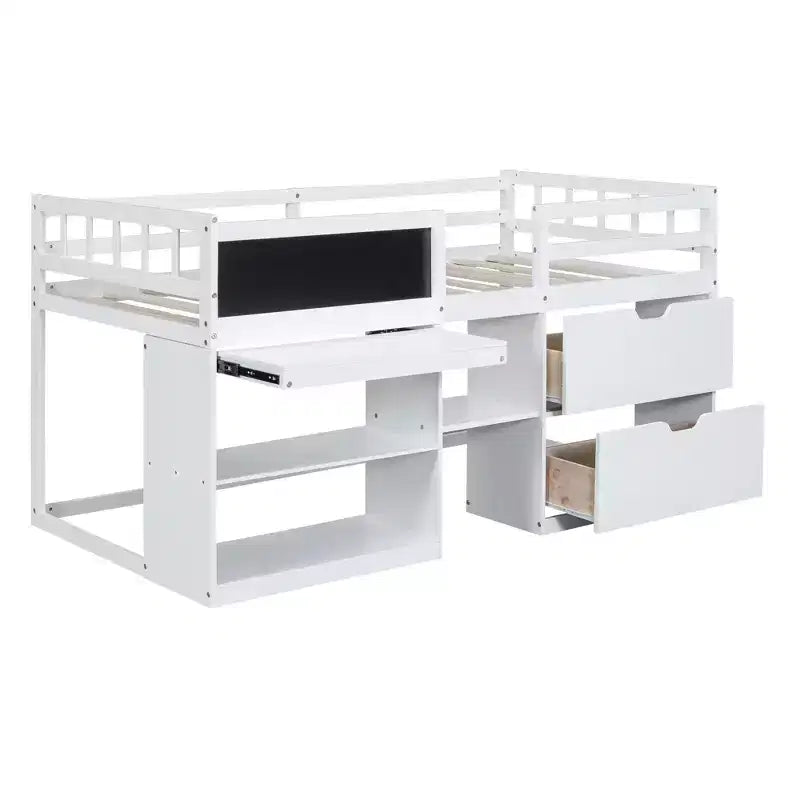 Letto a soppalco basso per una persona con scrivania, mensole e lavagna – Espresso / Grigio / Bianco