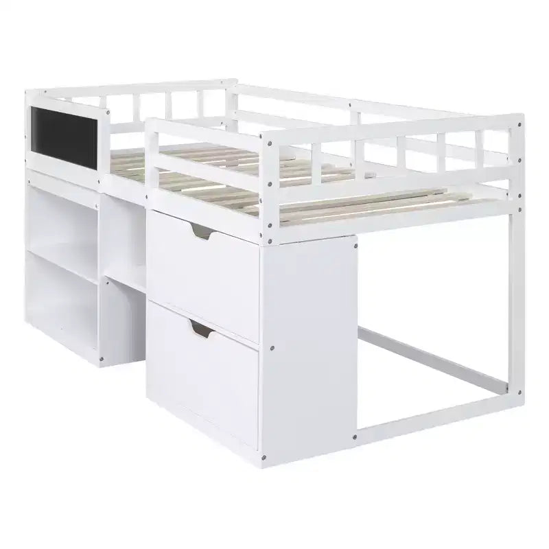 Letto a soppalco basso per una persona con scrivania, mensole e lavagna – Espresso / Grigio / Bianco