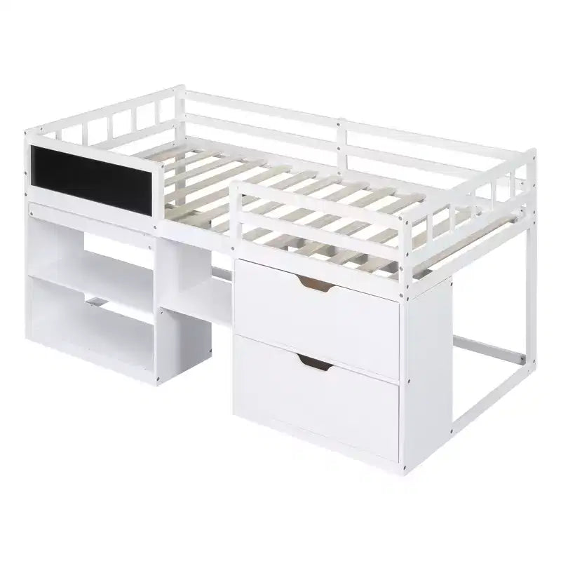 Letto a soppalco basso per una persona con scrivania, mensole e lavagna – Espresso / Grigio / Bianco