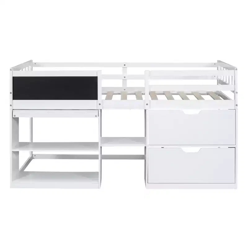 Letto a soppalco basso per una persona con scrivania, mensole e lavagna – Espresso / Grigio / Bianco