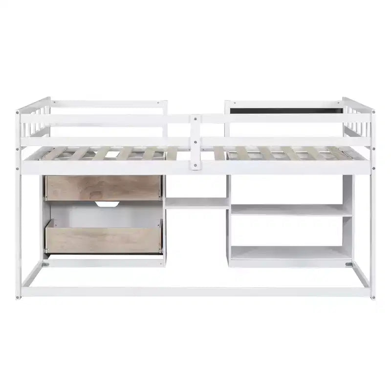 Letto a soppalco basso per una persona con scrivania, mensole e lavagna – Espresso / Grigio / Bianco