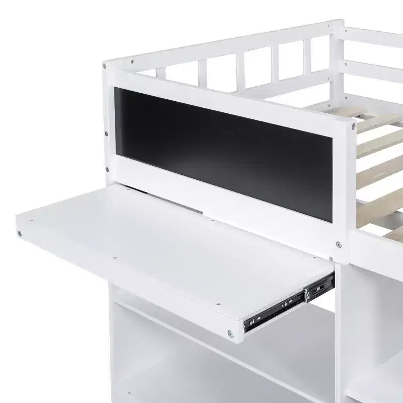 Letto a soppalco basso per una persona con scrivania, mensole e lavagna – Espresso / Grigio / Bianco