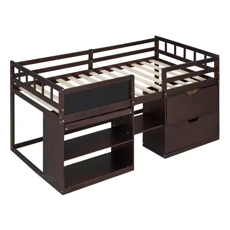 Letto a soppalco basso per una persona con scrivania, mensole e lavagna – Espresso / Grigio / Bianco