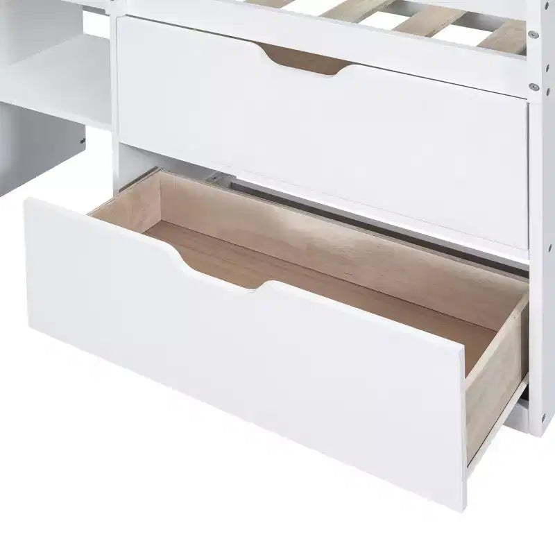 Letto a soppalco basso per una persona con scrivania, mensole e lavagna – Espresso / Grigio / Bianco