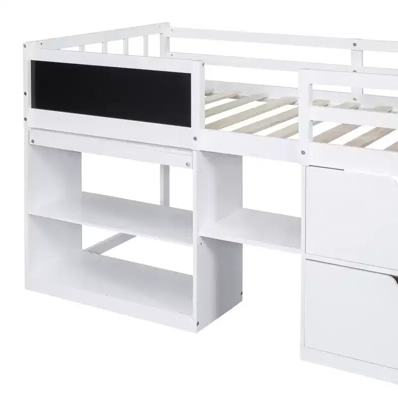 Letto a soppalco basso per una persona con scrivania, mensole e lavagna – Espresso / Grigio / Bianco