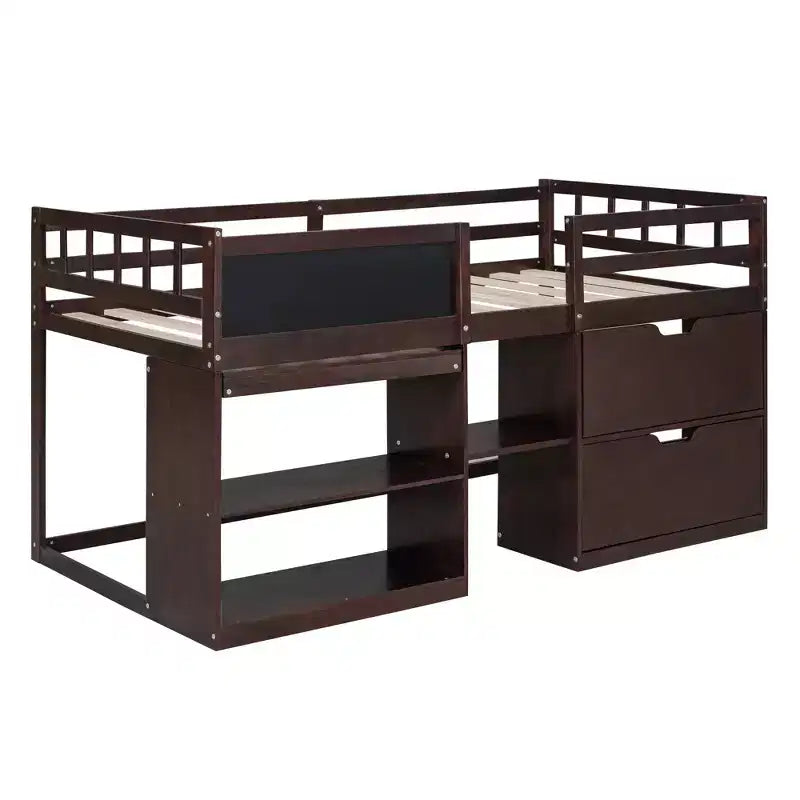 Letto a soppalco basso per una persona con scrivania, mensole e lavagna – Espresso / Grigio / Bianco