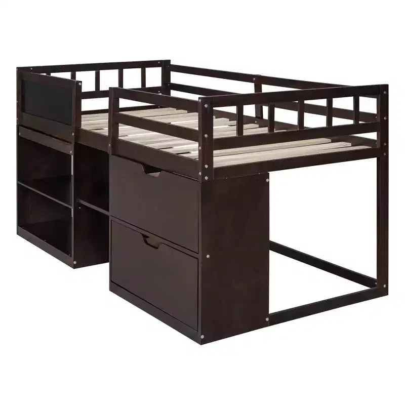 Letto a soppalco basso per una persona con scrivania, mensole e lavagna – Espresso / Grigio / Bianco