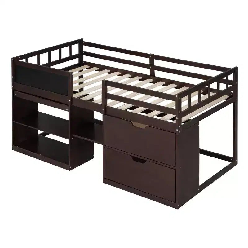 Letto a soppalco basso per una persona con scrivania, mensole e lavagna – Espresso / Grigio / Bianco