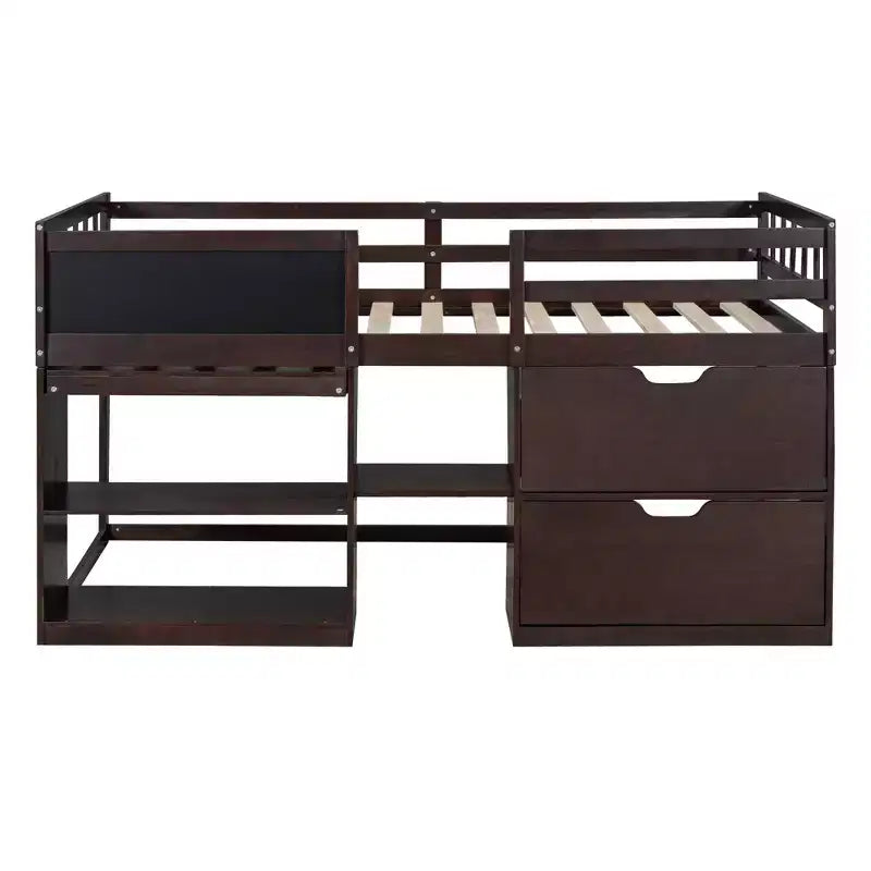 Letto a soppalco basso per una persona con scrivania, mensole e lavagna – Espresso / Grigio / Bianco