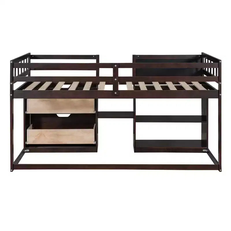Letto a soppalco basso per una persona con scrivania, mensole e lavagna – Espresso / Grigio / Bianco