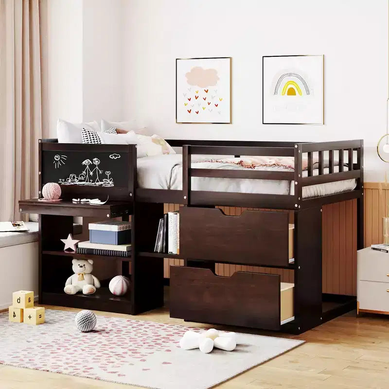 Low Loft Bed with Rolling Desk and Storage Shelves, Wood Twin Size Loft Beds with 2 Drawers and Chalkboard for Kids