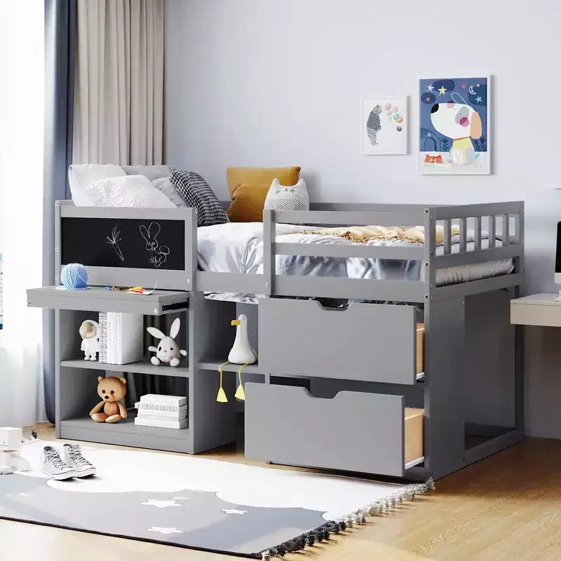 Letto a soppalco basso per una persona con scrivania, mensole e lavagna – Espresso / Grigio / Bianco