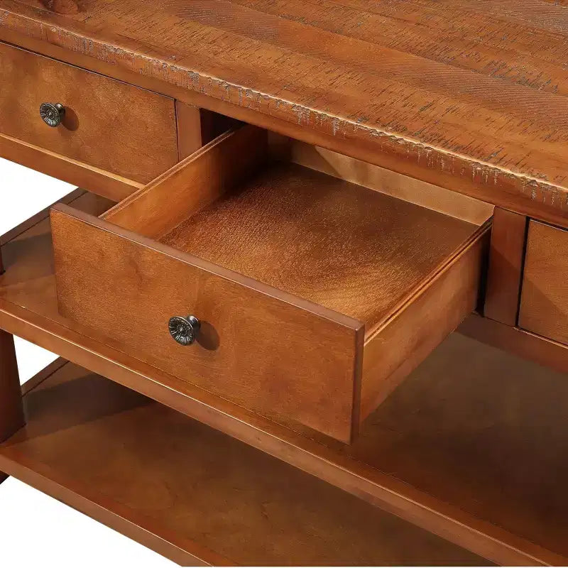Tavolino Consolle Rettangolare Vintage Marrone con 3 Cassetti e 2 Ripiani