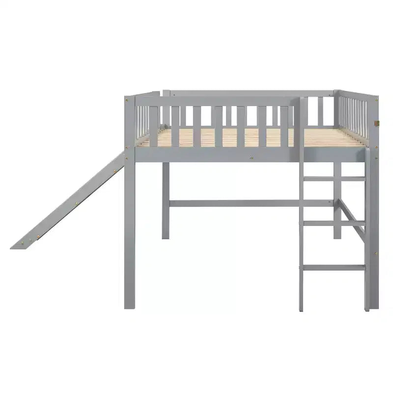 Letto a soppalco basso grigio/bianco con scivolo e sponda, per bambini singolo/matrimoniale, 1 posto letto