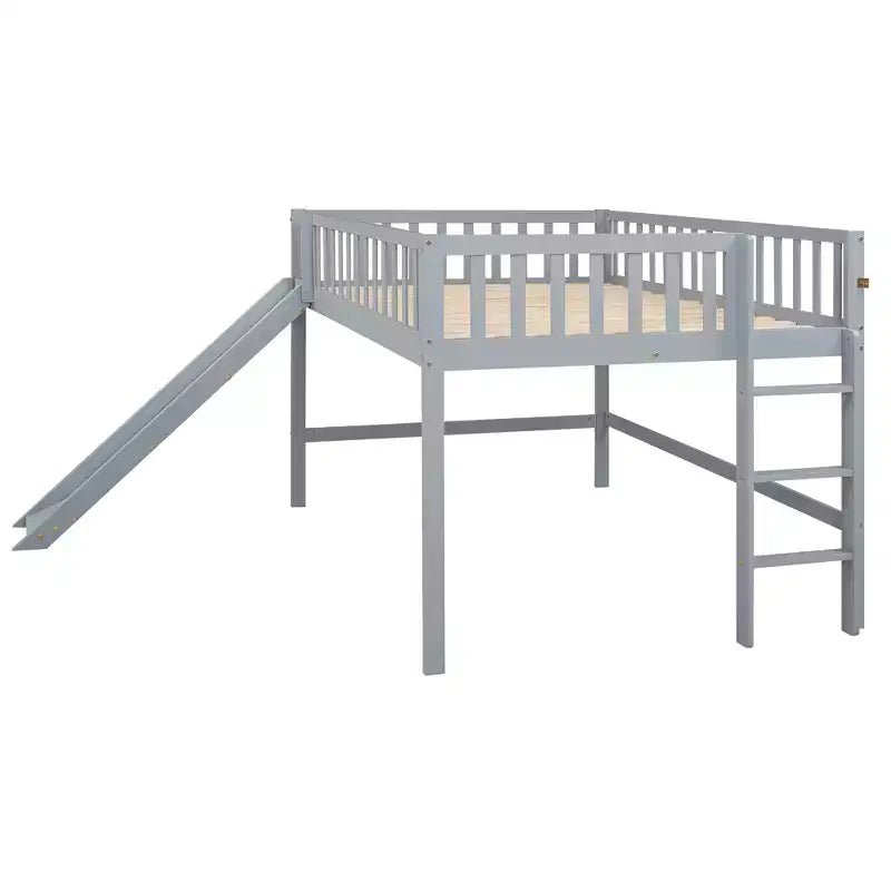 Letto a soppalco basso grigio/bianco con scivolo e sponda, per bambini singolo/matrimoniale, 1 posto letto