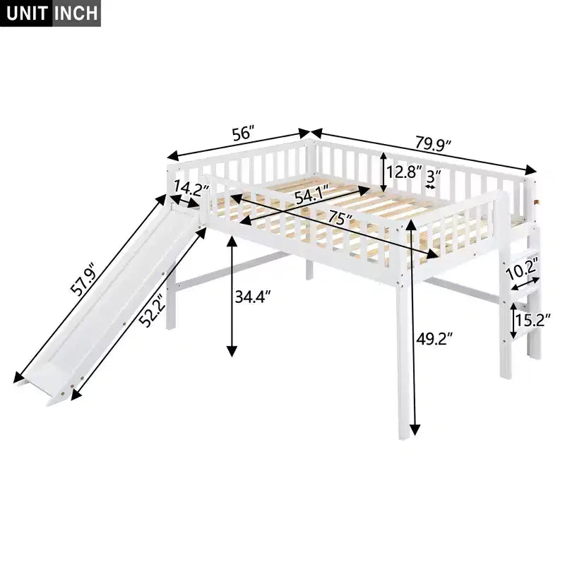 Letto a soppalco basso grigio/bianco con scivolo e sponda, per bambini singolo/matrimoniale, 1 posto letto