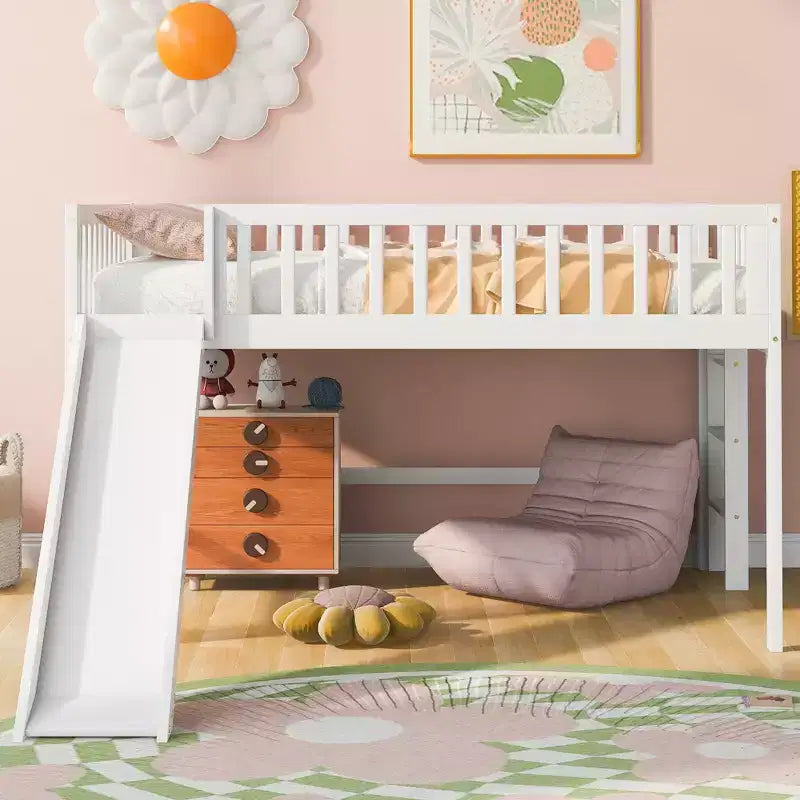 Letto a soppalco basso grigio/bianco con scivolo e sponda, per bambini singolo/matrimoniale, 1 posto letto
