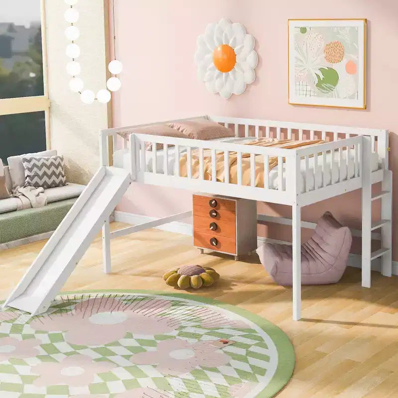 Letto a soppalco basso grigio/bianco con scivolo e sponda, per bambini singolo/matrimoniale, 1 posto letto