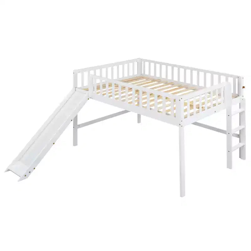 Letto a soppalco basso grigio/bianco con scivolo e sponda, per bambini singolo/matrimoniale, 1 posto letto