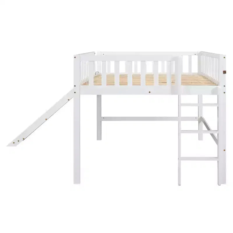 Letto a soppalco basso grigio/bianco con scivolo e sponda, per bambini singolo/matrimoniale, 1 posto letto